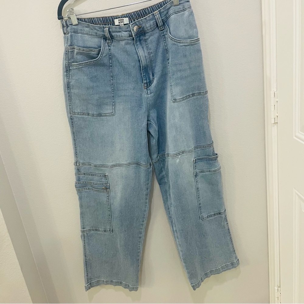 Madden NYC Wide Leg Cargo Utility Pocket Light Wash Womens Plus Size XXL Jeans